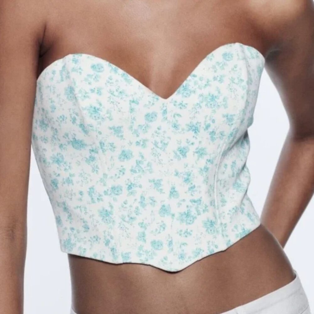 Zara White and Blue Floral Corset Top